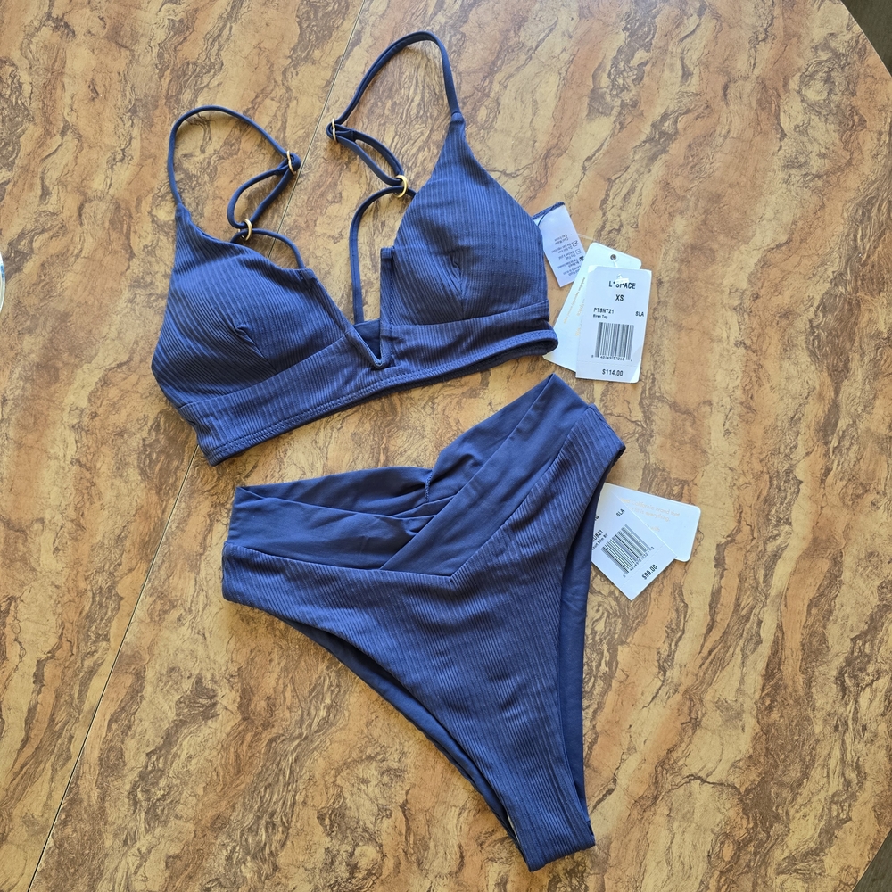 L*SPACE Blue Ribbed Bikini Set With Hardware